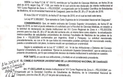 Declaran de Interés Institucional evento co-organizado por la Sociedad Científica de Estudiantes de Medicina de la Facultad de Ciencias Médicas – UNCA